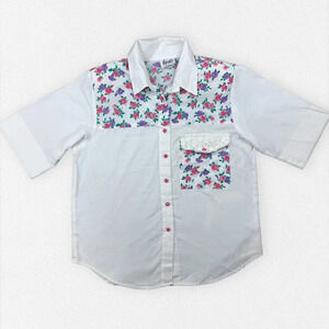 Vintage 90's Western Floral Button Up Short Sleeve Top Pink Purple White Small